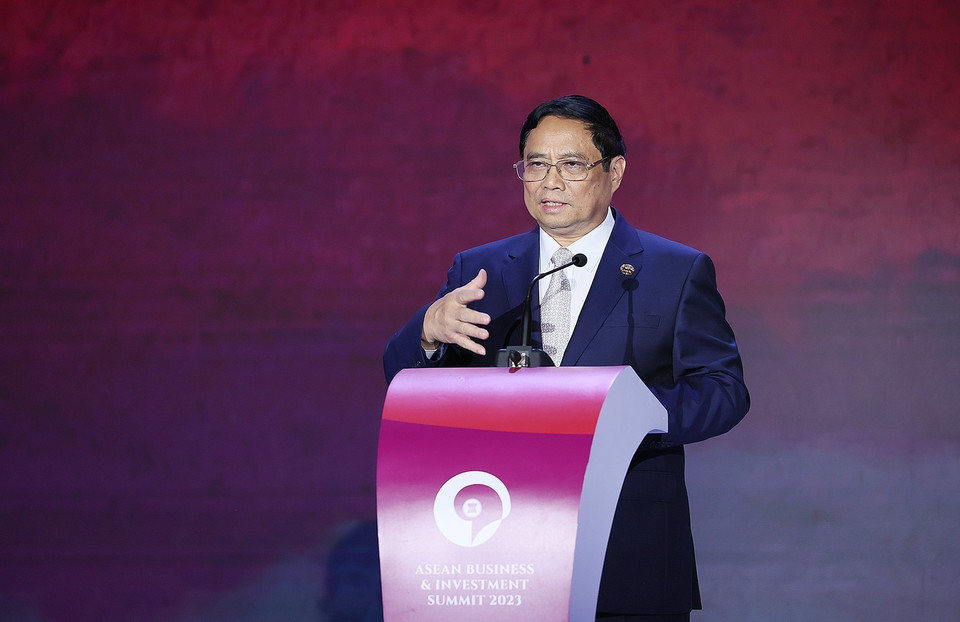 Thủ tướng Phạm Minh Chính phát biểu tại Hội nghị Thượng đỉnh Kinh doanh Đầu tư ASEAN (ASEAN BIS) năm 2023. (Ảnh: Dương Giang/TTXVN)