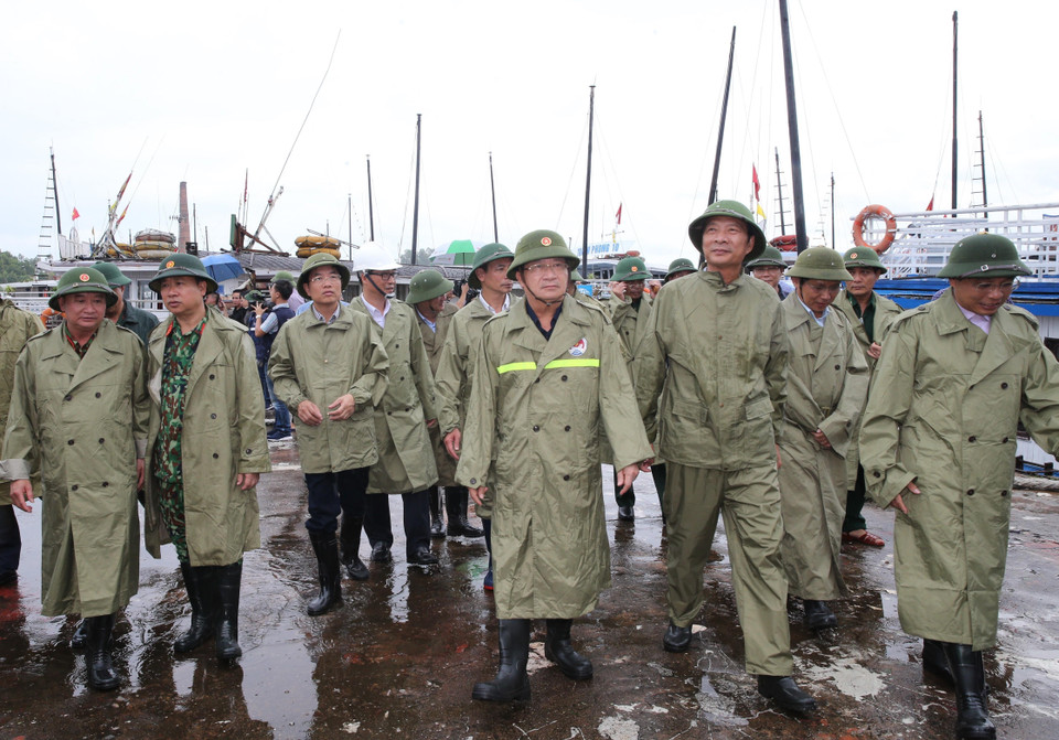  Phó Thủ tướng Trịnh Đình Dũng kiểm tra khu vực neo đậu tàu thuyền vào tránh trú bão tại Công ty TNHH Một thành viên Đóng tàu Hạ Long, Quảng Ninh. (Ảnh: Dương Giang/TTXVN)