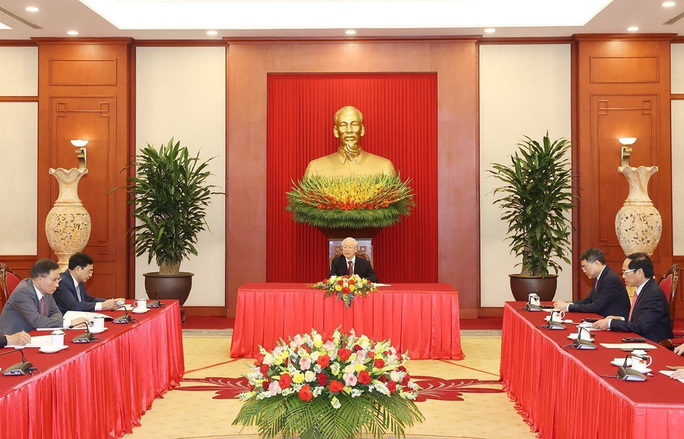 Toàn cảnh buổi điện đàm. (Ảnh: Trí Dũng/TTXVN)