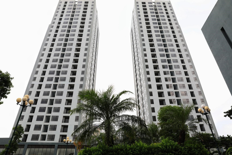 Khoảng cách giữa các tòa nhà của Dự án nhà ở thương mại phục vụ tái định cư tại khu X2 Đại Kim, quận Hoàng Mai là khá xa, không gian rộng rãi thoáng mát đảm bảo yêu cầu của thành phố Hà Nội trưng dụng làm nơi cách ly, lập bệnh viện dã chiến. (Ảnh: Tuấn Anh/TTXVN)