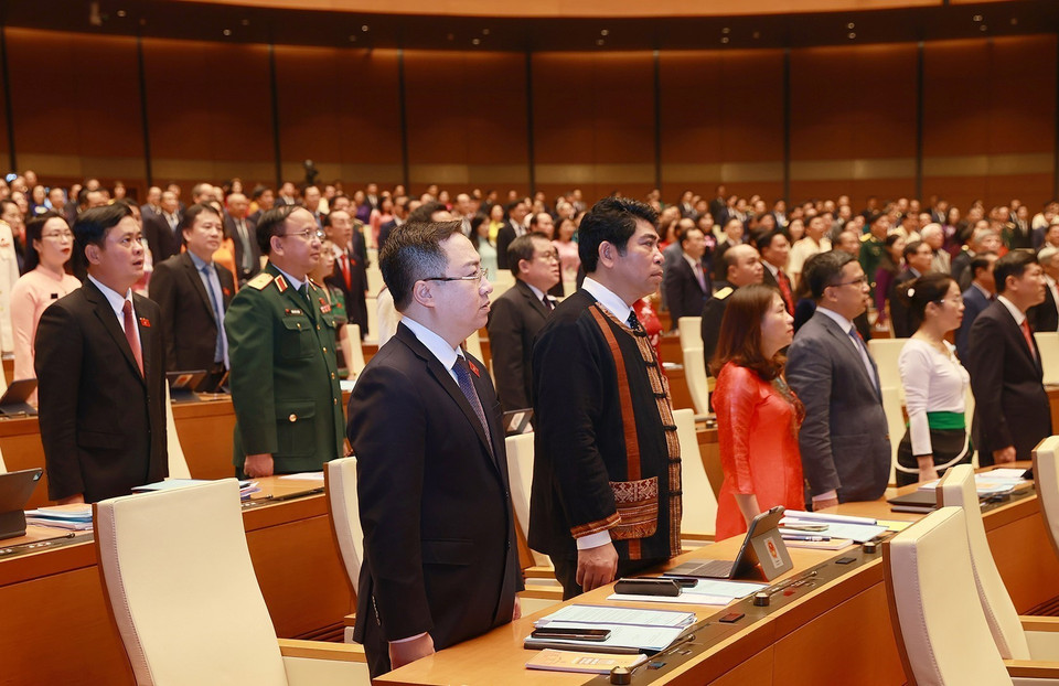 Các đại biểu Quốc hội thực hiện nghi thức chào cờ. (Ảnh: Dương Giang/TTXVN)