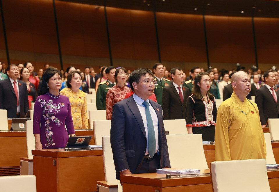 Các đại biểu Quốc hội thực hiện nghi thức chào cờ. (Ảnh: Dương Giang/TTXVN)