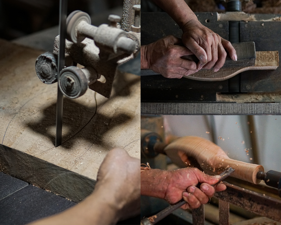 Từ một khúc gỗ trở thành một chiếc khuôn bánh thành phẩm phải trải qua nhiều công đoạn: Xẻ gỗ, xử lý chống ẩm để gỗ không bị hỏng, cắt phôi theo yêu cầu của khách, mài nhẵn, bôi mực rồi tẩm dầu mỡ… (Ảnh: Minh Hiếu/Vietnam+)