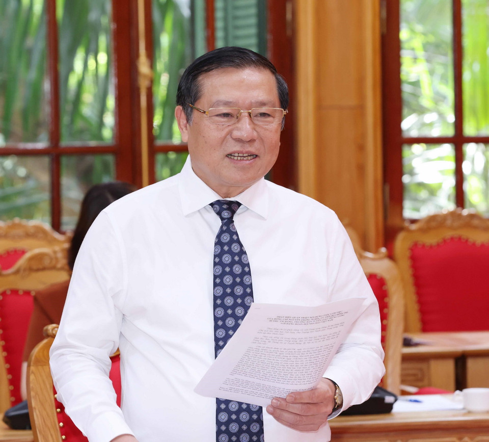 Ông Lại Xuân Môn, Ủy viên Trung ương Đảng, Phó Trưởng Ban Thường trực Ban Tuyên giáo Trung ương phát biểu tại buổi làm việc. (Ảnh: Phương Hoa/TTXVN)