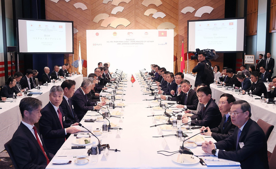 Thủ tướng Phạm Minh Chính dự tọa đàm doanh nghiệp với các tập đoàn kinh tế lớn của Nhật Bản. (Ảnh: Dương Giang/TTXVN)