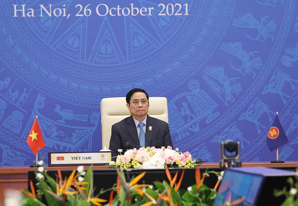 Sáng 26/10/2021, Thủ tướng Chính phủ Phạm Minh Chính tham dự và phát biểu tại Hội nghị cấp cao ASEAN lần thứ 39. (Ảnh: Dương Giang/TTXVN)