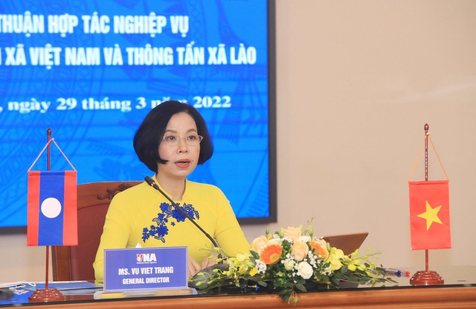 Tổng Giám đốc TTXVN Vũ Việt Trang phát biểu tại buổi hội đàm. (Ảnh: Tuấn Anh/TTXVN)