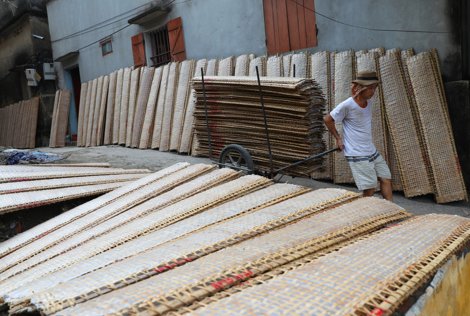 Khắp đường làng, ngõ xóm đâu đâu cũng thấy sự hiện diện của nghề truyền thống làm bánh đa nem. (Ảnh: Danh Lam/TTXVN)