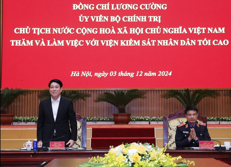 Chủ tịch nước Lương Cường làm việc với Viện Kiểm sát Nhân dân tối cao. (Ảnh: Lâm Khánh/TTXVN)