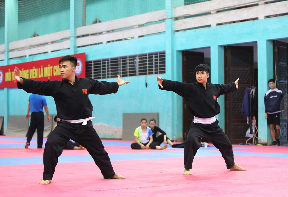 Đội tuyển pencak silat quốc gia tập luyện chuẩn bị cho các giải đấu thời gian tới. (Ảnh: Thành Đạt/TTXVN)