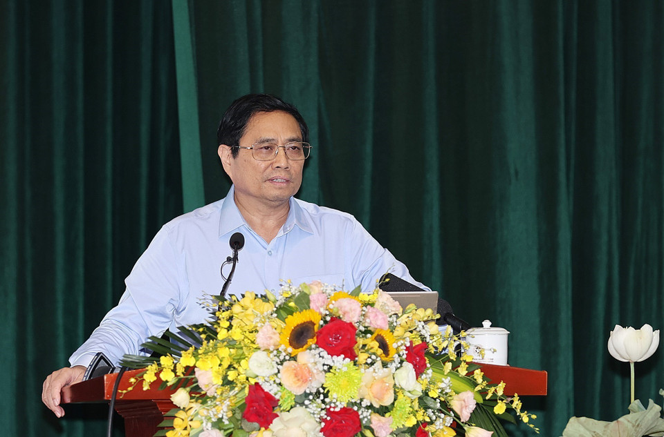 Hình ảnh Thủ tướng Phạm Minh Chính phát biểu tại buổi làm việc với Học viện Nông nghiệp Việt Nam. (Ảnh: Dương Giang/TTXVN)