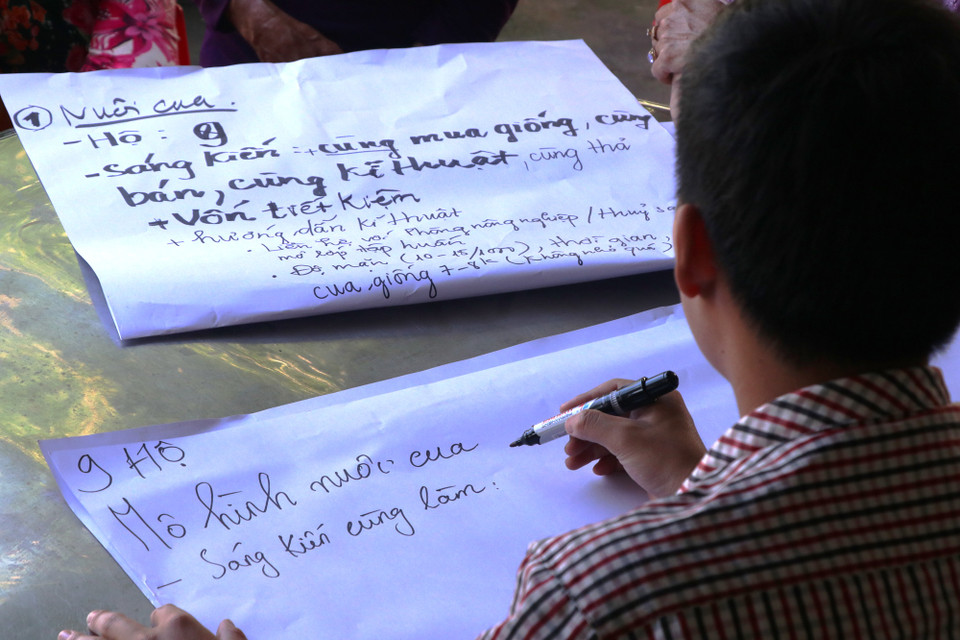 Đề xuất sáng kiến mô hình nuôi cua và các thức triển khai của người dân ấp Nhì. (Ảnh: PV/Vietnam+)