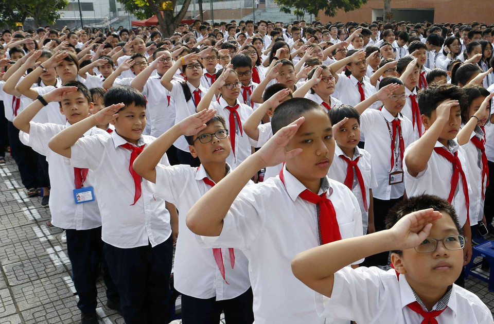 Học sinh trường THPT Chuyên Hà Nội-Amsterdam tại Lễ khai giảng. (Ảnh: Văn Điệp/TTXVN)