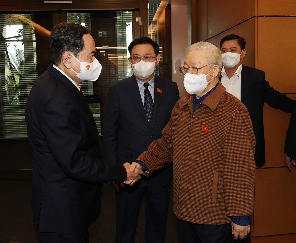 Tổng Bí thư Nguyễn Phú Trọng cùng các lãnh đạo Đảng, Nhà nước dự Kỳ họp thứ hai, Quốc hội khóa XV. (Ảnh: Trí Dũng/TTXVN)