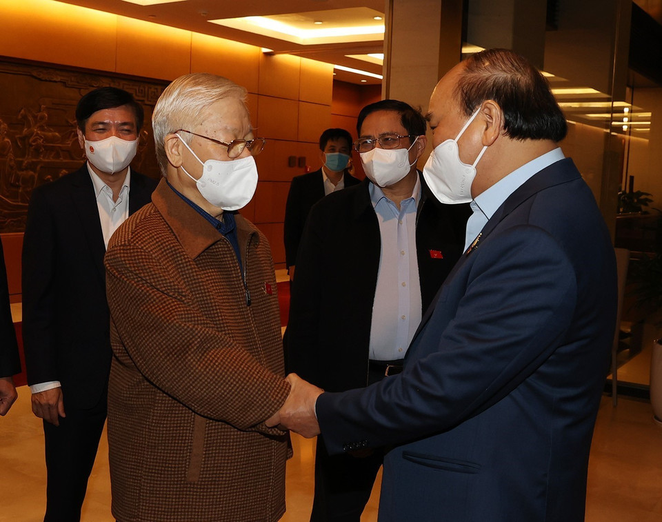 Tổng Bí thư Nguyễn Phú Trọng, Chủ tịch nước Nguyễn Xuân Phúc,Thủ tướng Chính phủ Phạm Minh Chính dự Kỳ họp thứ hai, Quốc hội khóa XV. 