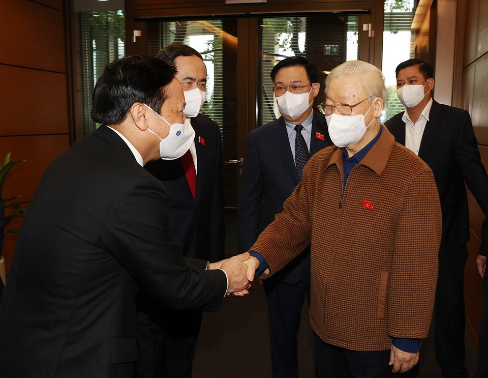 Tổng Bí thư Nguyễn Phú Trọng cùng các lãnh đạo Đảng, Nhà nước dự Kỳ họp thứ hai, Quốc hội khóa XV. (Ảnh: Trí Dũng/TTXVN)