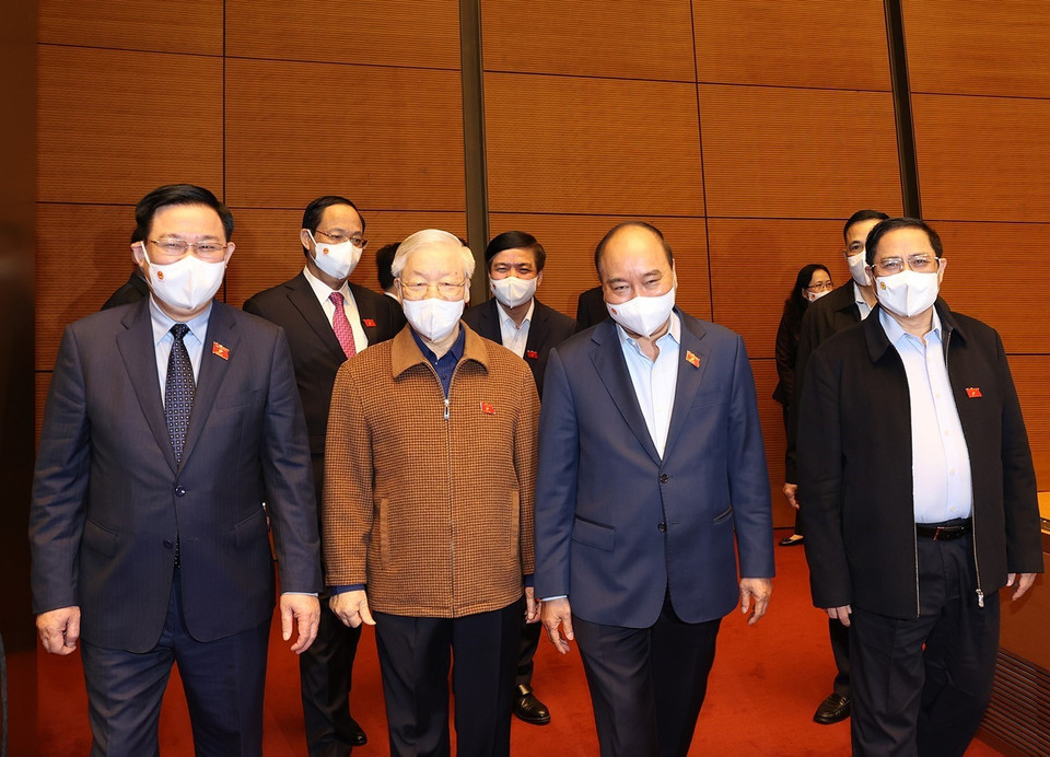 Hình ảnh Tổng Bí thư Nguyễn Phú Trọng, Chủ tịch nước Nguyễn Xuân Phúc,Thủ tướng Chính phủ Phạm Minh Chính, Chủ tịch Quốc hội Vương Đình Huệ dự Kỳ họp thứ hai, Quốc hội khóa XV. (Ảnh: Trí Dũng/TTXVN)