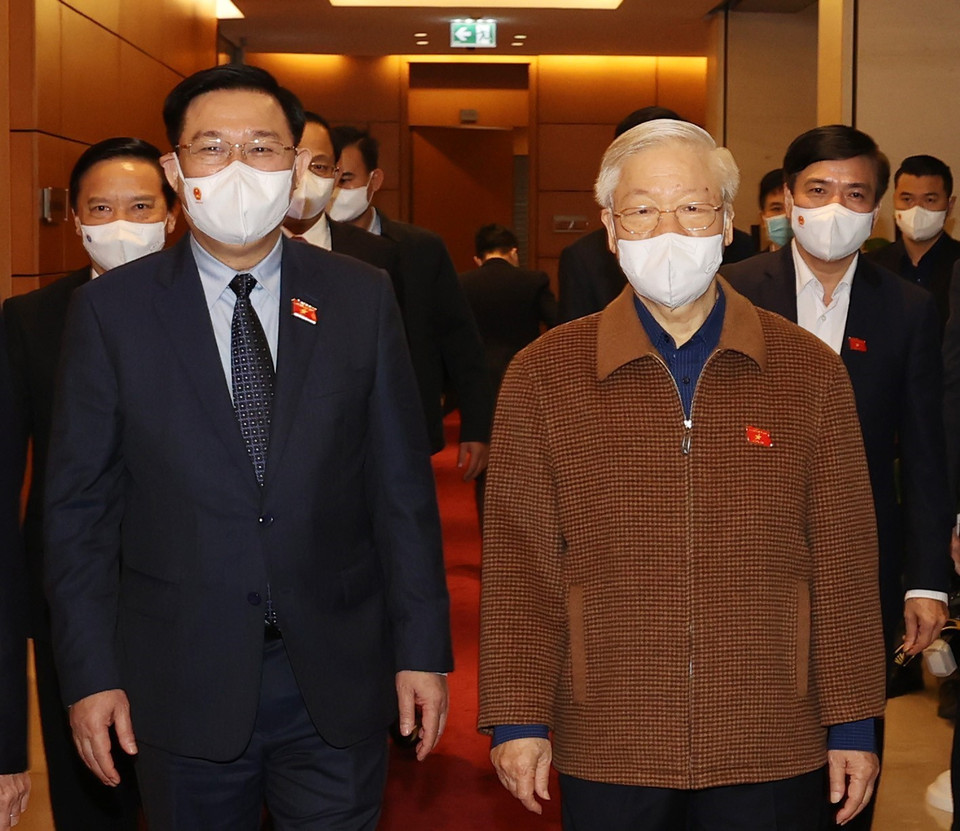 Tổng Bí thư Nguyễn Phú Trọng, Chủ tịch Quốc hội Vương Đình Huệ dự Kỳ họp thứ hai, Quốc hội khóa XV. (Ảnh: Trí Dũng/TTXVN)