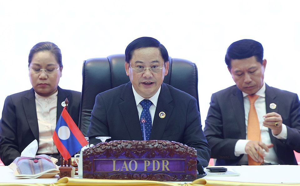 Thủ tướng Cộng hòa Dân chủ Nhân dân Lào, Chủ tịch ASEAN 2024 Sonexay Siphandone phát biểu. (Ảnh: Dương Giang/TTXVN)