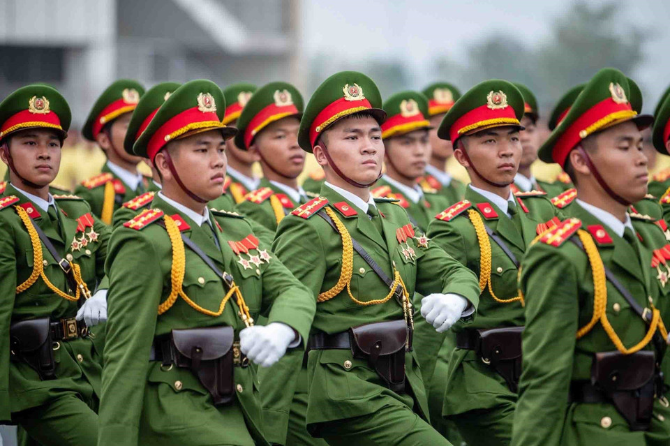 Cán bộ, chiến sỹ Cảnh sát Cơ động tham dự buổi tổng duyệt. (Ảnh: Phạm Kiên/TTXVN)