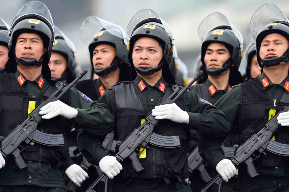 Cán bộ, chiến sỹ Cảnh sát Cơ động tham dự buổi tổng duyệt. (Ảnh: Phạm Kiên/TTXVN)