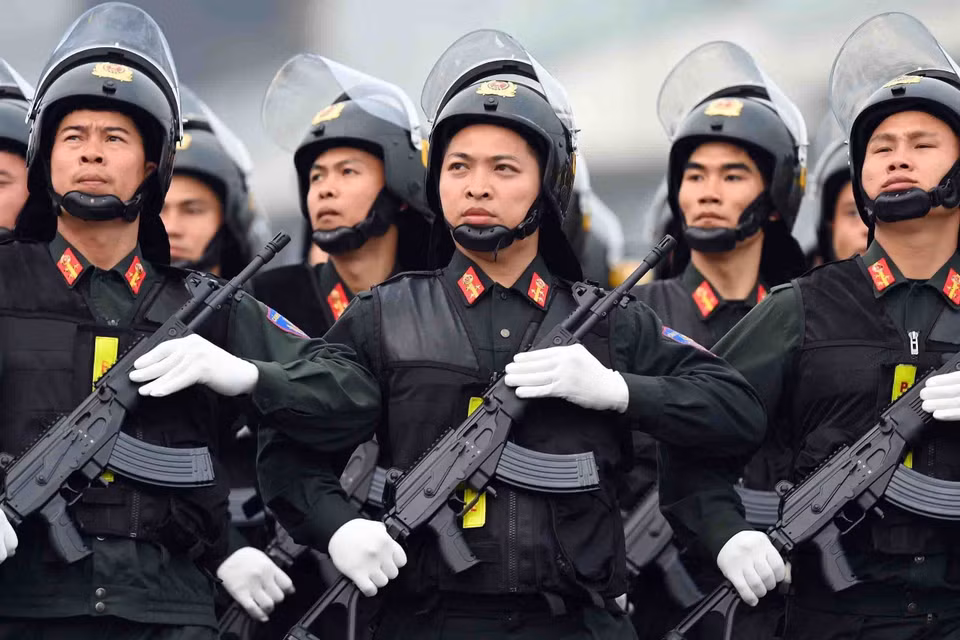 Cán bộ, chiến sỹ Cảnh sát Cơ động tham dự buổi tổng duyệt. (Ảnh: Phạm Kiên/TTXVN)