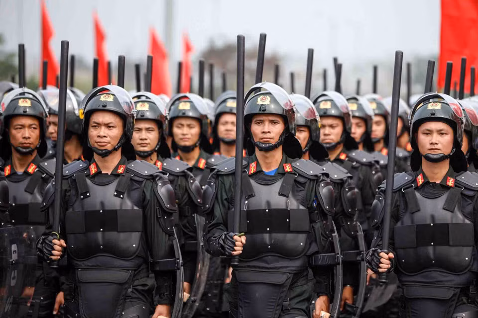 Cán bộ, chiến sỹ Cảnh sát Cơ động tham dự buổi tổng duyệt. (Ảnh: Phạm Kiên/TTXVN)