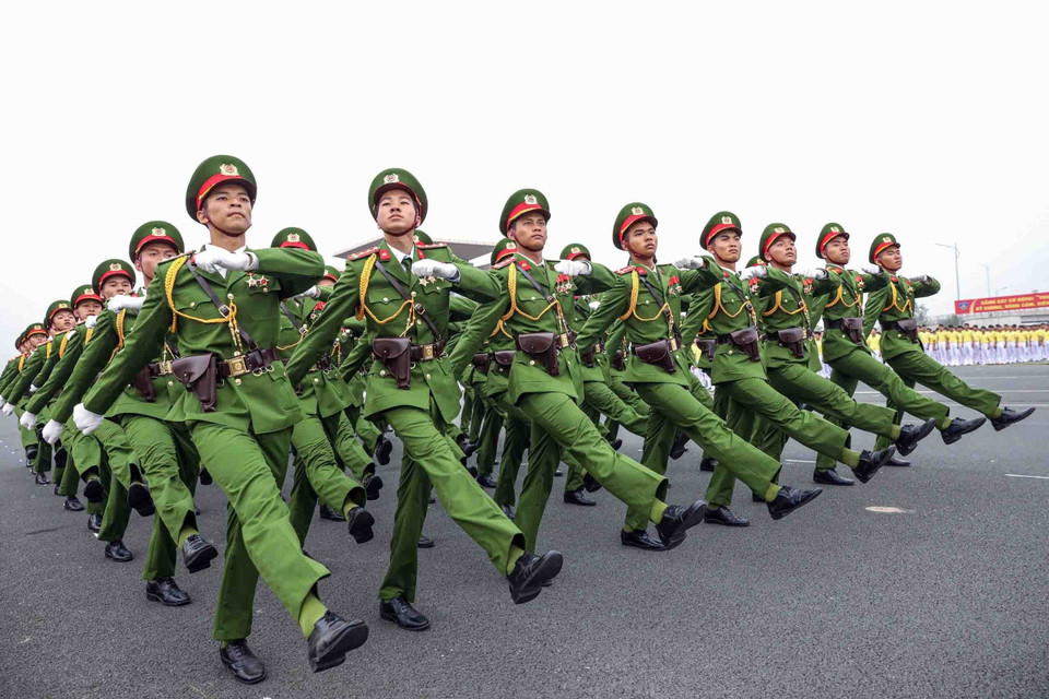 Cán bộ, chiến sỹ Cảnh sát Cơ động tham dự buổi tổng duyệt. (Ảnh: Phạm Kiên/TTXVN)