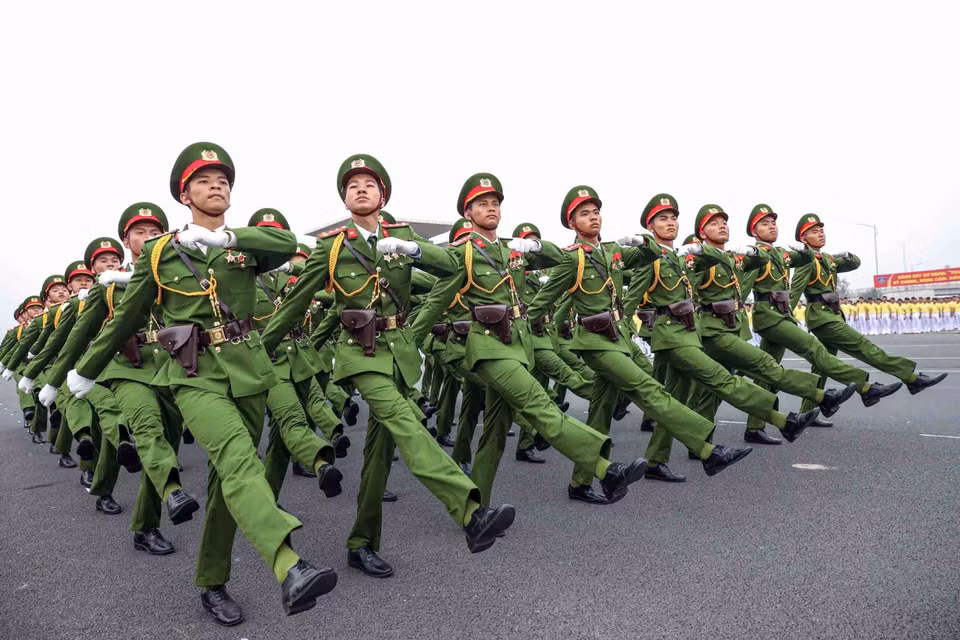 Cán bộ, chiến sỹ Cảnh sát Cơ động tham dự buổi tổng duyệt. (Ảnh: Phạm Kiên/TTXVN)