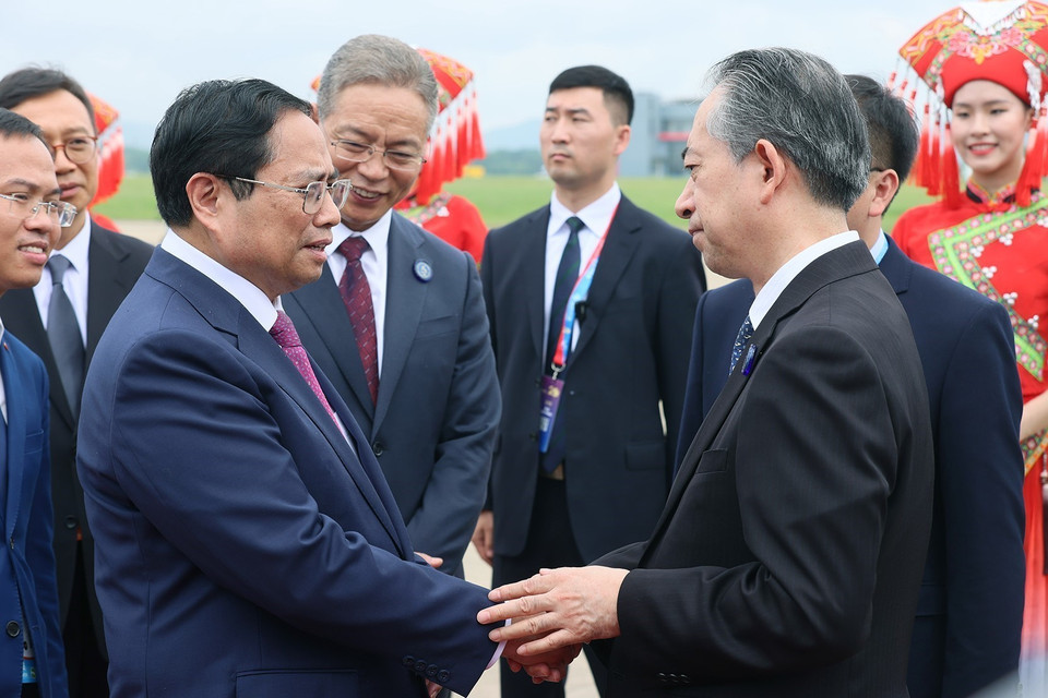 Lễ tiễn Thủ tướng Phạm Minh Chính kết thúc chuyến tham dự CAEXPO và CABIS lần thứ 20 tại Nam Ninh, Trung Quốc. (Ảnh: Dương Giang/TTXVN)