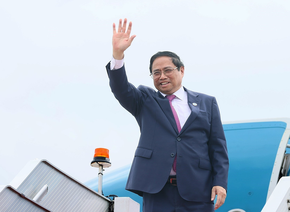 Thủ tướng Phạm Minh Chính kết thúc chuyến tham dự CAEXPO và CABIS lần thứ 20 tại Nam Ninh, Trung Quốc. (Ảnh: Dương Giang/TTXVN)