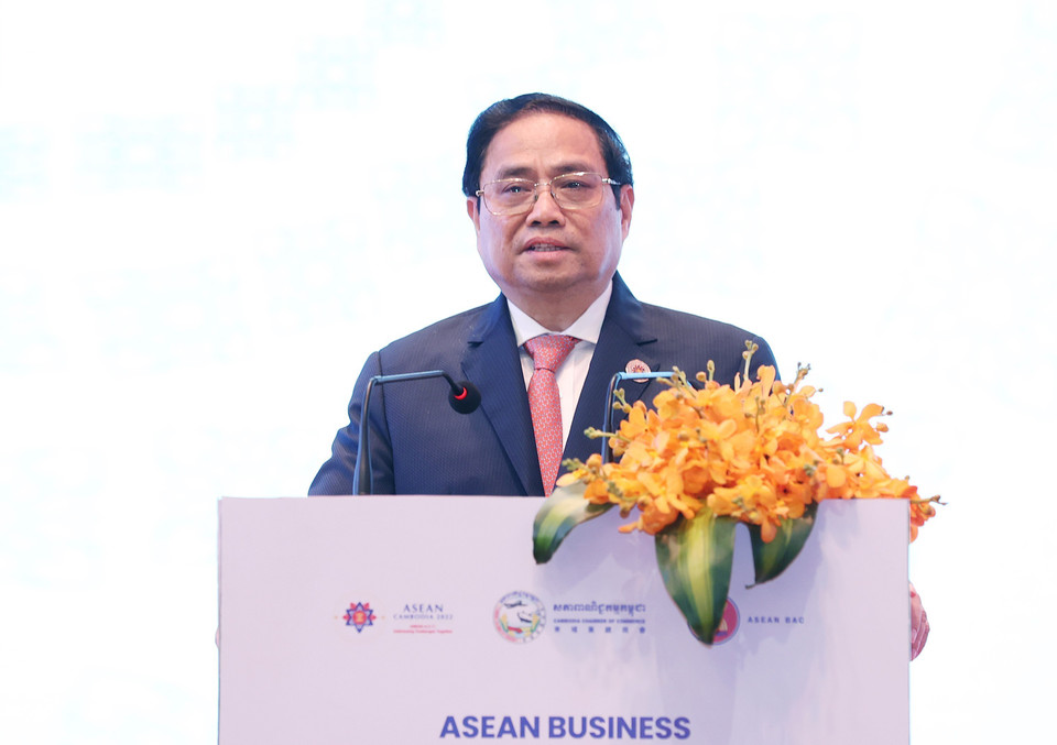 Thủ tướng Phạm Minh Chính phát biểu tại Hội nghị thượng đỉnh kinh doanh và đầu tư ASEAN 2022. (Ảnh: Dương Giang/TTXVN)