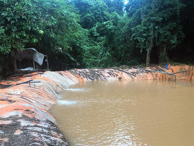 Một ao chứa nước nằm ngay cạnh dòng suối Sập của Công ty TNHH chăn nuôi Chiềng Hặc. (Ảnh: Hữu Quyết/TTXVN)