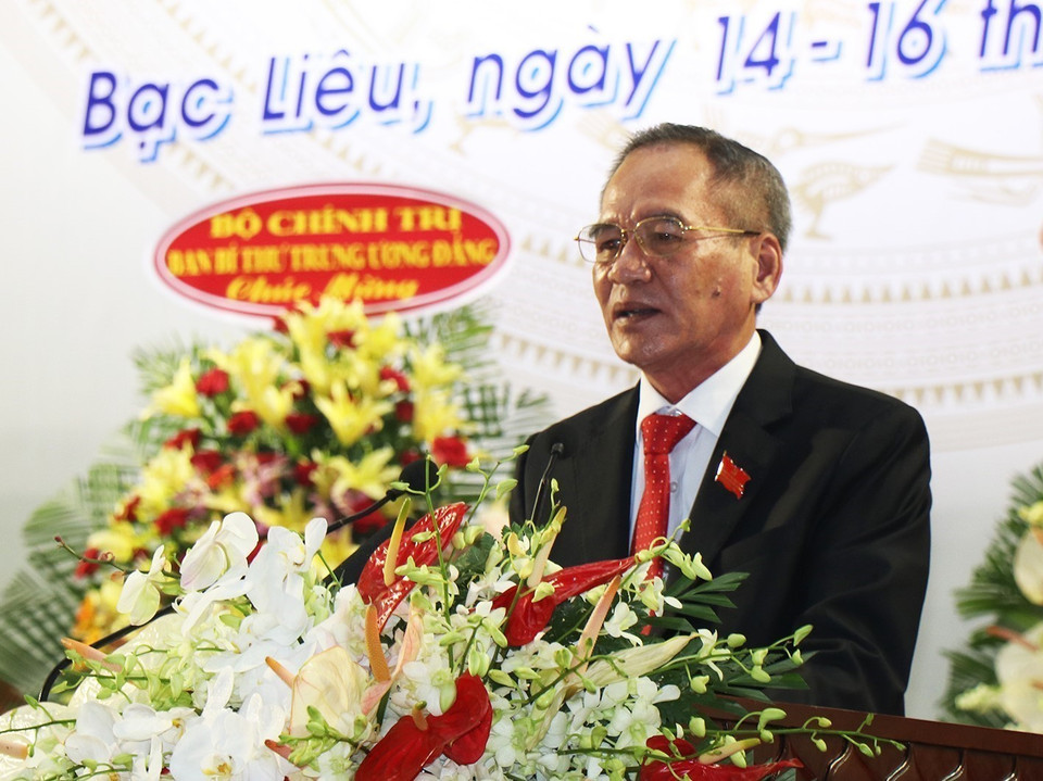 Ông Lữ Văn Hùng, Ủy viên Trung ương Đảng, Bí thư Tỉnh ủy Bạc Liêu phát biểu khai mạc Đại hội. (Ảnh: Huỳnh Sử/TTXVN)