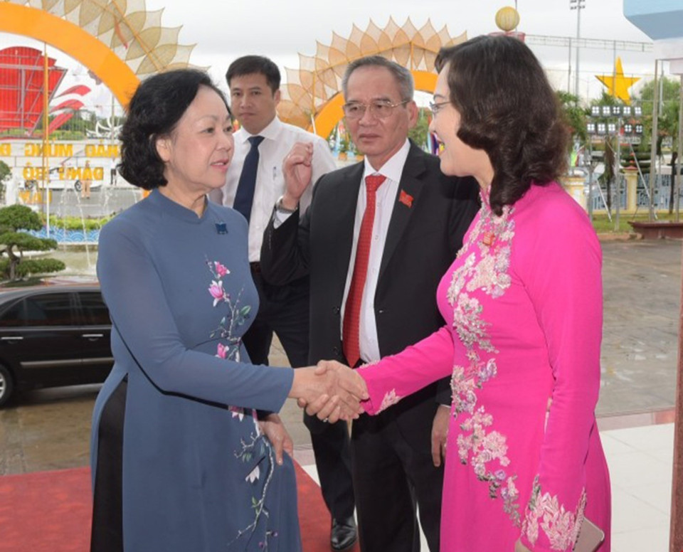 Bà Trương Thị Mai, Ủy viên Bộ Chính trị, Bí thư Trung ương Đảng, Trưởng Ban Dân vận Trung ương dự và phát biểu chỉ đạo Đại hội. (Ảnh: Huỳnh Sử/TTXVN)