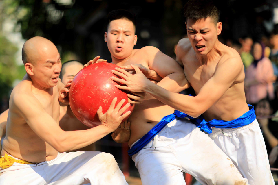 Các thanh niên trong làng tham gia hội vật cầu. (Ảnh: Anh Tuấn/TTXVN)