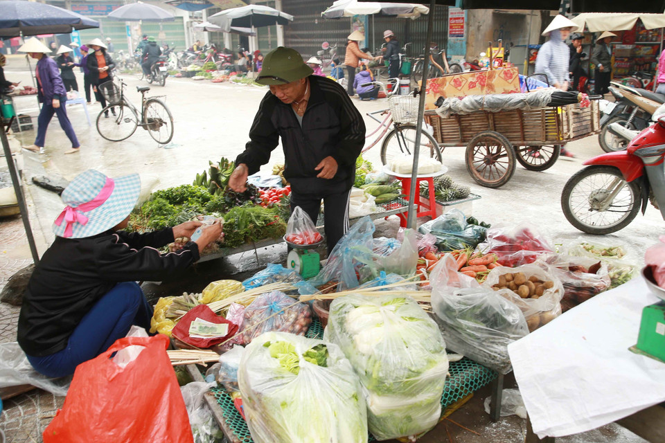 Không khí Tết tràn ngập đường vào xã Đồng Tâm, người dân tất bật mua sắm, chuẩn bị chào đón một mùa xuân mới bình an. (Ảnh: Doãn Tấn/TTXVN)