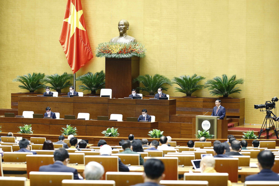 Hình ảnh Chủ tịch Quốc hội Vương Đình Huệ phát biểu khai mạc. (Ảnh: Doãn Tấn/TTXVN)