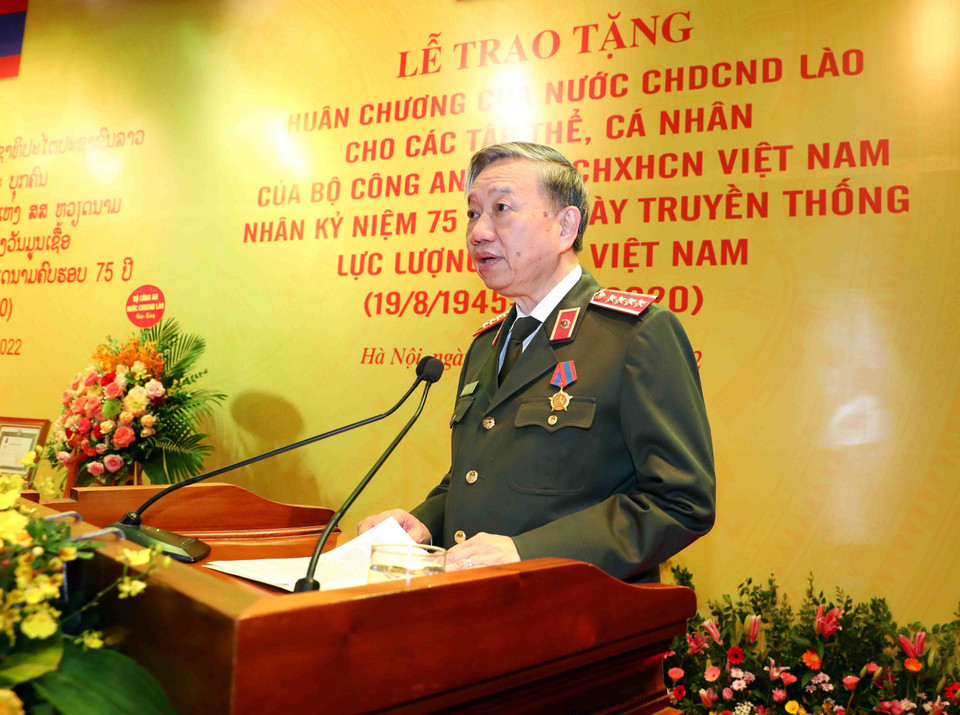 Đại tướng Tô Lâm, Ủy viên Bộ Chính trị, Bộ trưởng Bộ Công an Việt Nam phát biểu. (Ảnh: Phạm Kiên/TTXVN)