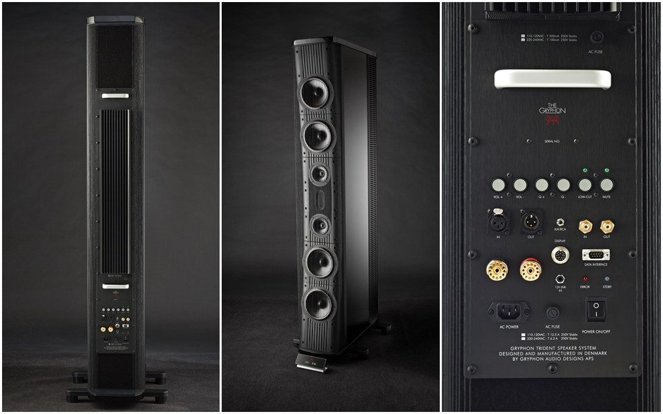 Gryphon Trident II (2,5 tỷ đồng) là đôi loa được sản xuất bởi nhãn hàng ultra hi-end từ Đan Mạch. Thùng loa vươn cao và uốn cong như một cánh buồm đón gió. Bằng cách tích hợp một bộ khuếch đại công suất chuyên dụng cho loa woofer công suất 500W (Class A/B) kết hợp với Q Control độc quyền cho 3 chế độ điều chỉnh với các không gian khác nhau, Gryphon Trident II dường như có thể chơi hay trong mọi phòng nghe. (Ảnh: H.N/Vietnam+)
