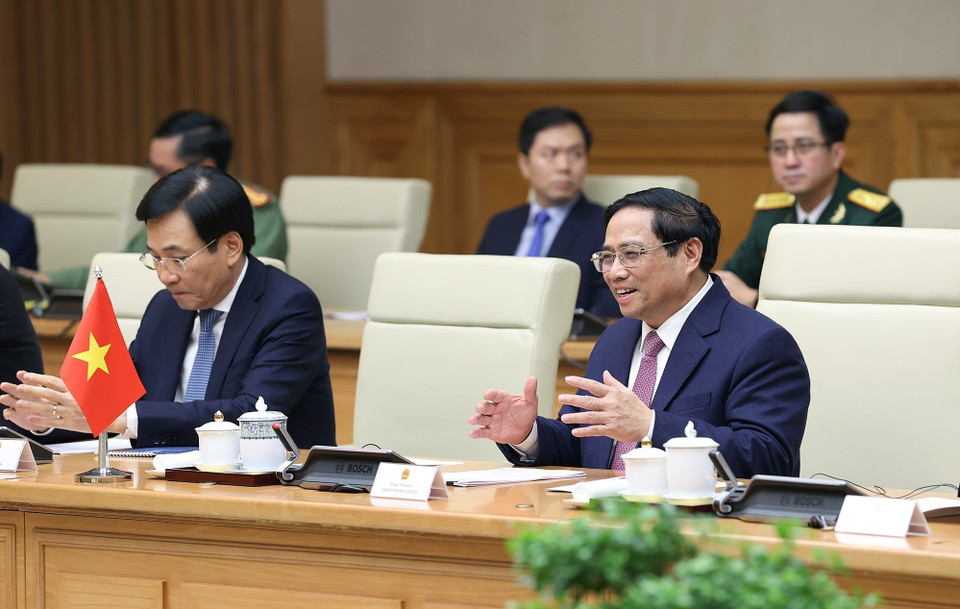 Thủ tướng Phạm Minh Chính phát biểu tại buổi tiếp. (Ảnh: Dương Giang/TTXVN)