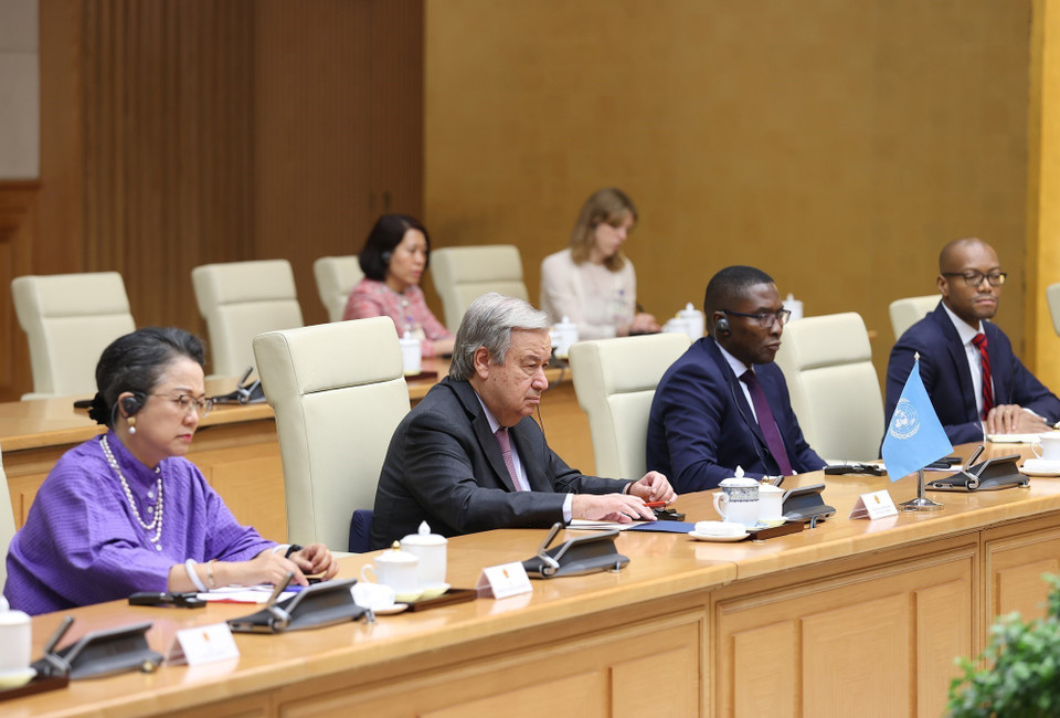 Tổng Thư ký Liên hợp quốc António Guterres phát biểu tại buổi tiếp. (Ảnh: Dương Giang/TTXVN)