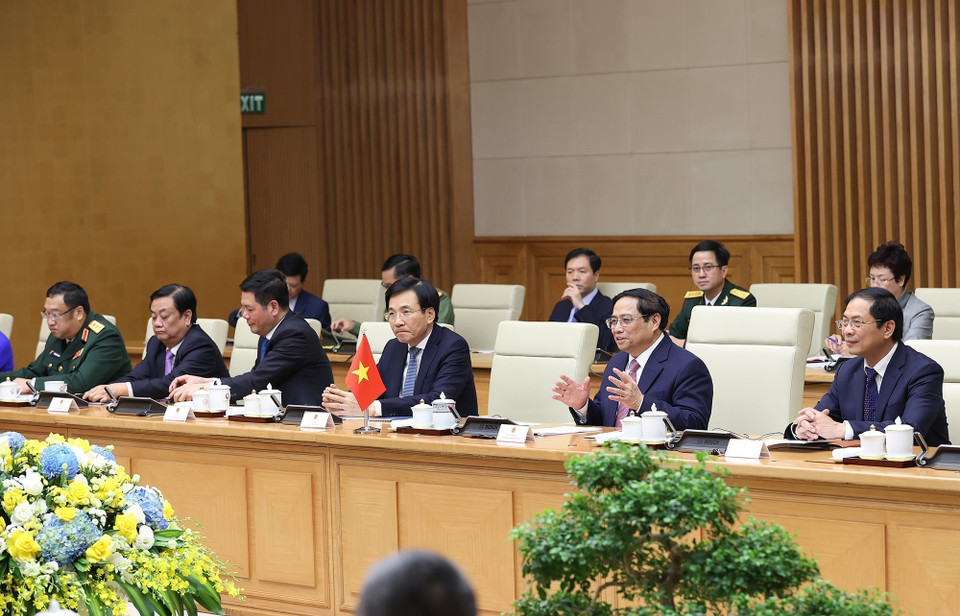 Thủ tướng Phạm Minh Chính phát biểu tại buổi tiếp. (Ảnh: Dương Giang/TTXVN)