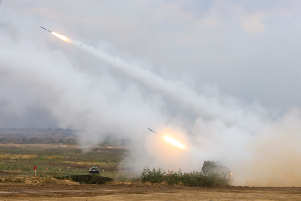 Cuộc tập trận Zapad-2021 tại thao trường Mulino có sự tham gia của quân đội một số nước Kazkhastan, Mông Cổ, Armenia. (Ảnh: Trần Hiếu/TTXVN)