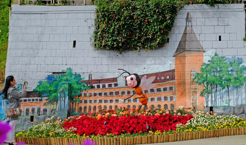 Sự kết hợp độc đáo giữa tranh tường với hình ảnh kiến trúc nổi tiếng của Đà Lạt và muôn sắc hoa Đà Lạt hấp dẫn không ít du khách. (Ảnh: Nguyễn Dũng/TTXVN)