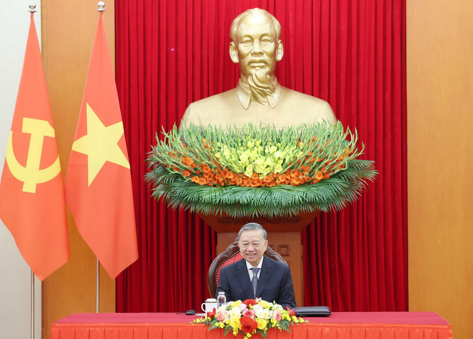 Tổng Bí thư Tô Lâm điện đàm với Tổng Bí thư, Chủ tịch nước Lào Thongloun Sisoulith. (Ảnh: Thống Nhất/ TTXVN)