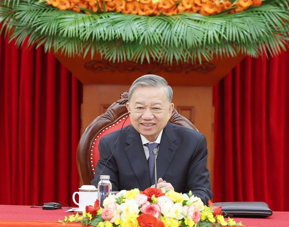 Tổng Bí thư Tô Lâm điện đàm với Tổng Bí thư, Chủ tịch nước Lào Thongloun Sisoulith. (Ảnh: Thống Nhất/ TTXVN)