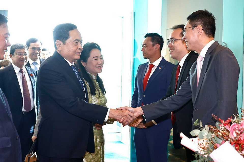 Đại biểu đón Chủ tịch Quốc hội Trần Thanh Mẫn và Phu nhân tại sân bay Changi. (Ảnh: Doãn Tấn/TTXVN)