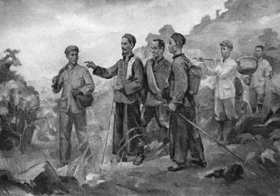 Ngày 28/1/1941, lãnh tụ Nguyễn Ái Quốc và các đồng chí Lê Quảng Ba, Phùng Chí Kiên, Thế An, Đặng Văn Cáp, Hoàng Văn Lộc vượt qua mốc 108 biên giới Việt Nam-Trung Quốc về đến Pác Bó (xã Trường Hà, Hà Quảng, Cao Bằng), một nơi bí mật có hàng rào quần chúng bảo vệ và có đường rút lui. (Ảnh: TTXVN phát)