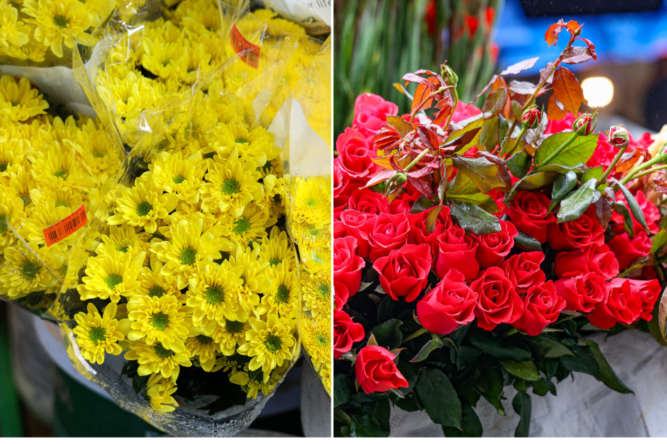 Hiện, các loại hoa tươi như hoa cúc, hoa hồng giá từ 8.000-15.000 đồng/bông, hoa ly giá 15.000 đồng/cành... (Ảnh: Minh Hiếu/Vietnam+)